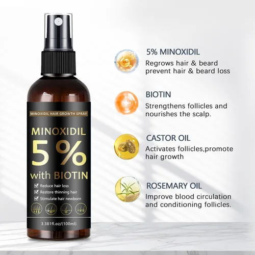Miniatura 4 de Spray para el crecimiento del cabello y la barba de minoxidil al 5 % con biotina para hombres y mujeres, regeneración del cabello, tratamiento
