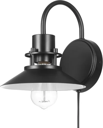 Globe Electric Wren - Aplique de pared de 1 luz, negro mate, cable de diseño de tela trenzada negra de 6 pies, interruptor basculante de