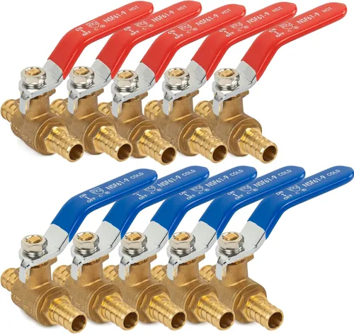 Hourleey Válvula de bola de cierre de puerto completo de latón Pex de 1/2 pulgada, 10 piezas de 1/2 pulgada, caliente y frío, cuarto de vuelta