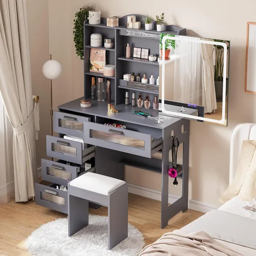 Miniatura 8 de HNEBC Escritorio de tocador con espejo deslizante y luces LED, tocador RGB con estación de carga, tocador de maquillaje con control remoto, tocador