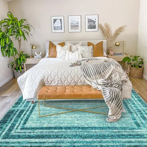 Miniatura 51 de Alfombra de pasillo moderna abstracta Lahome, alfombra lavable turquesa de 2 x 6 pulgadas para entrada, alfombra antideslizante de bajo pelo