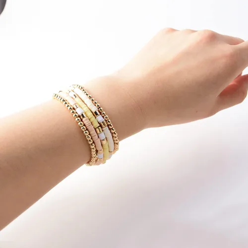 Miniatura 4 de Pulseras de cuentas de arcilla estilo heishi surfista para mujer, con discos de vinilo y dije de mal de ojo, apilables, pulseras elásticas
