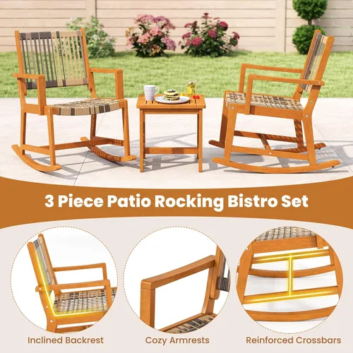 Miniatura 7 de Tangkula Juego de 3 mecedoras para patio, juego de bistró de madera de acacia con asiento y respaldo de ratán, 2 sillones para exteriores con mesa