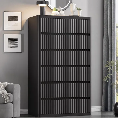 Standifurno Cómoda negra de 56 pulgadas de alto para dormitorio, moderna acanalada con 6 cajones profundos, cómoda de madera con asas, perfiles