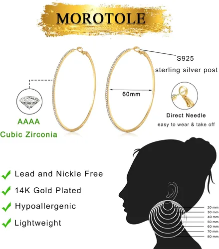 Miniatura 3 de MOROTOLE Aretes de aro de oro de 14 quilates con diamantes de imitación, finos, grandes, hipoalergénicos, para mujeres y niñas, regalos de joyería