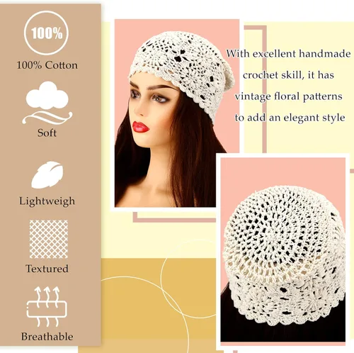 Miniatura 3 de 4 gorros de ganchillo holgados de punto hecho a mano para otoño, diseño floral, gorro de algodón con corte de calavera, sombreros de verano