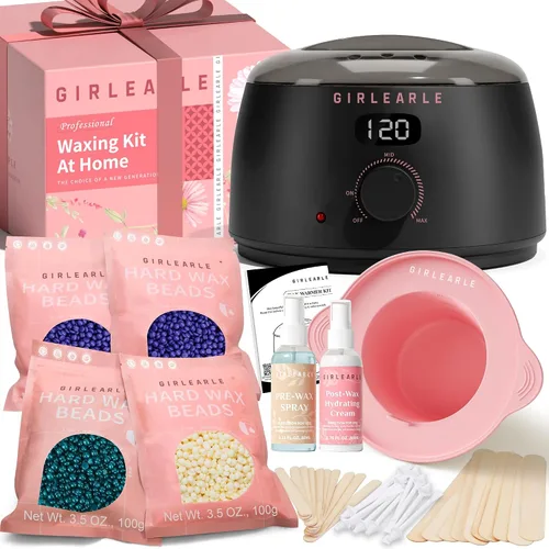 GIRLEARLE Black and Pink Digital Waxing Kit for Women and Men Sensitive Skin, Nose&Ear Wax Kit Hair Removal at Home with Wax Beads & Silicone Pot,