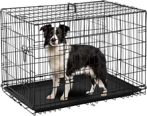 PayLessHere Jaula grande para perros medianos y grandes, jaula de metal para perros de doble puerta, plegable, para interiores y exteriores, con