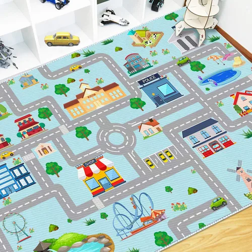 Miniatura 2 de Alfombra de coche para niños, 2 pies 7 pulgadas x 4 pies, alfombra de juego para trenes de autos de juguete, alfombra antideslizante para pista