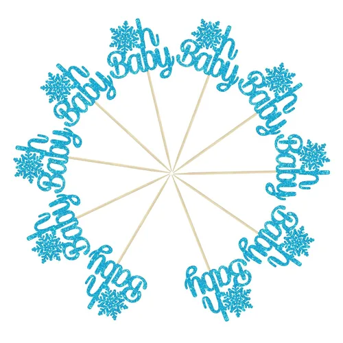 Miniatura 3 de Gyufise Paquete de 24 adornos de copos de nieve Oh Baby para cupcakes con purpurina azul Frozen Oh Baby Pick Decoraciones para baby shower