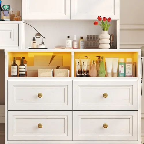 Miniatura 4 de Halitaa Escritorio grande de tocador de 58.6 pulgadas con espejo iluminado deslizante, mesa de tocador de maquillaje blanca y mesita de noche Combo