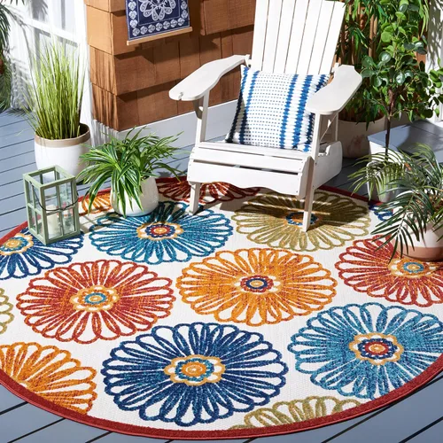 SAFAVIEH Alfombra lavable para exteriores, redonda, 4 pies, color crema y rojo, no desprende pelusa y fácil de limpiar, ideal para patio, patio