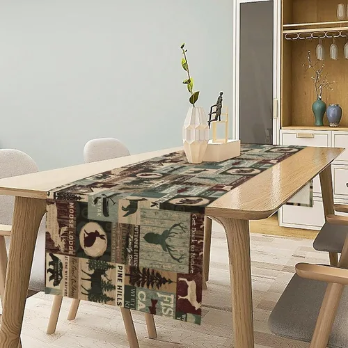Miniatura 2 de Camino de mesa de estilo rústico retro, decoración de mesa de cocina, sala de estar, comedor, para el hogar, con diseño de osos, alces, ciervos