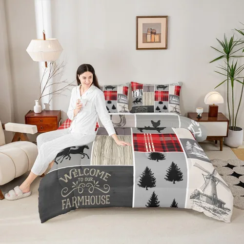 Miniatura 173 de Juego de edredón de oso y ciervo, tamaño individual, ropa de cama de animales salvajes de caza, colcha rústica de cabaña, casa de campo, cuadros