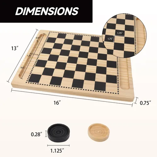 Miniatura 5 de GSE Games & Sports Expert Juego combinado 2 en 1 de tablero reversible de damas y tres en raya de madera natural con piezas de juego, juego familiar