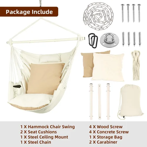 Miniatura 6 de Silla hamaca colgante con cuerda – Máximo 500 libras – 2 cojines y 1 almohada para el cuello incluida – Barra separadora de acero resistente