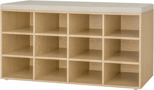 Miniatura 15 de DINZI LVJ Banco de almacenamiento de zapatos con cojín, estante de cubículos con 12 cubículos, estantes ajustables, banco organizador multifuncional