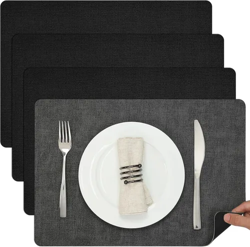 Miniatura 67 de Myir JUN Juego de 6 manteles individuales de doble cara, de piel sintética, para interiores, para mesa de comedor, exteriores, cuadrados, Negro