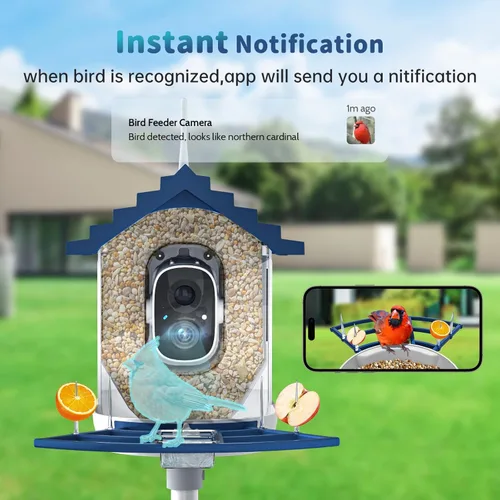 Miniatura 2 de Comedero inteligente para pájaros con cámara, alimentado por energía solar e identificación IA, alimentador de pájaros WiFi de 2.4 Ghz para Azul