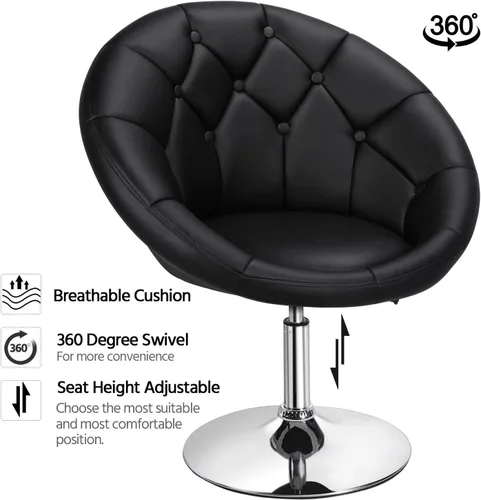 Miniatura 4 de Yaheetech Silla contemporánea con respaldo tapizado redondo, altura ajustable, giratoria, moderna, para tocador, negra