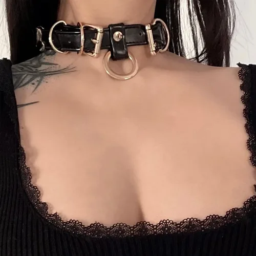 Miniatura 3 de Gargantilla de cuero con anillo tórico de oro punk hecho a mano con cierre de hebilla collar ajustable para mujer