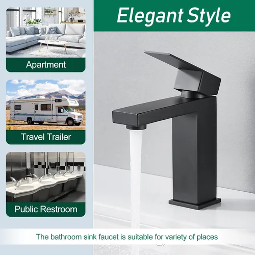 Miniatura 4 de VOTON Grifo de baño negro mate 1 agujero, grifo de tocador de acero inoxidable para fregadero de baño con placa de cubierta mangueras de suministro