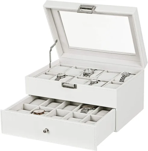 Miniatura 2 de BEWISHOME Organizador de caja de reloj 20 hombres y mujeres caja de reloj Soporte de almacenamiento Bisagra de metal blanco PU cuero superior
