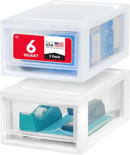 IRIS USA Organizador de almacenamiento de cajones de plástico de 6 cuartos de galón, paquete de 2, unidad apilable con cajón deslizante para