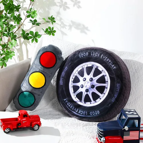 Miniatura 7 de Woanger Juego de 2 Almohadas de Felpa para Decoración de Habitación de Coche de Carreras, Regalo de 15.7 Pulgadas, Suave Simulación 3D de Rueda