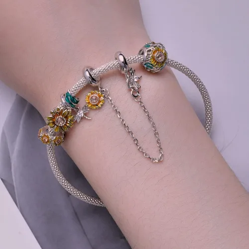 Miniatura 3 de NINGAN Abalorios de plata de ley 925 para pulseras y collares europeos, colgantes de girasol, camelia púrpura, trébol de loto, tapones colgantes