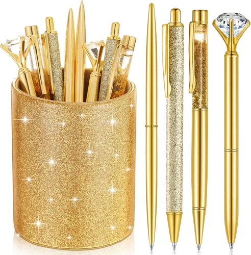 Miniatura 16 de Sabary 8 bolígrafos negros con soporte para bolígrafo para escritorio, con purpurina, diamantes de cristal, bonito soporte para lápices, organizador