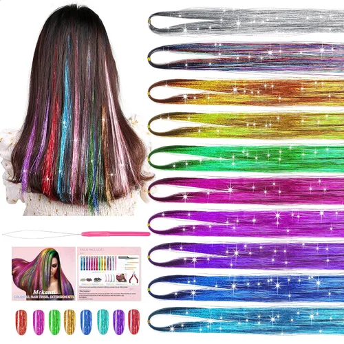 Mckanti Kit de oropel de cabello de 10 colores con herramienta, 47 pulgadas, 2000 hebras de extensiones de cabello de oropel para mujeres y niñas,