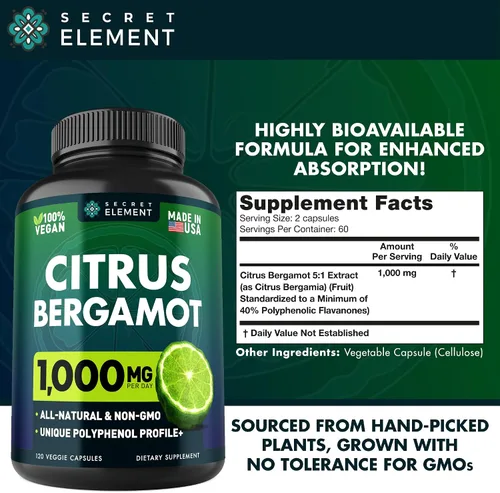Miniatura 7 de (PAQUETE DE 2) Extracto de Bergamota Cítrica 1000mg - Suplemento de Bergamota Cítrica para la Salud Circulatoria, Inmunidad y Envejecimiento Cápsulas