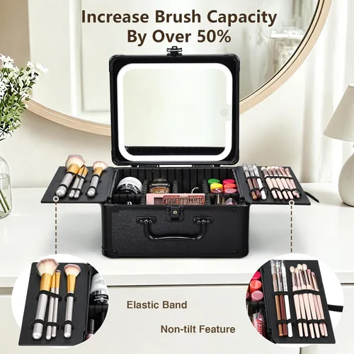 Miniatura 2 de Faquenc Estuche de maquillaje con espejo iluminado magnético, caja organizadora de maquillaje, estuche de cosméticos de viaje con espejo LED de 3