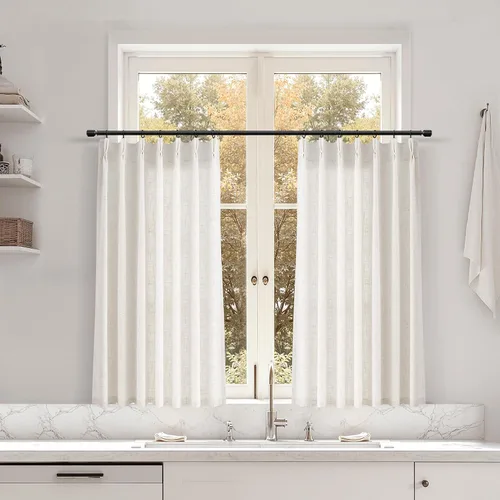 Miniatura 36 de Juego de 2 paneles de cortinas de ventana de cocina beige de 24 pulgadas de largo, con textura de lino, plisadas, filtrantes de luz, semi pequeñas