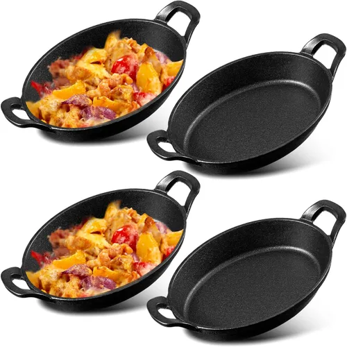 Miniatura 9 de Mifoci Paquete de 8 mini fajitas de hierro fundido, 7.1 x 4.7 pulgadas, sartén ovalada para carne, juego de moldes pequeños, cacerola negra