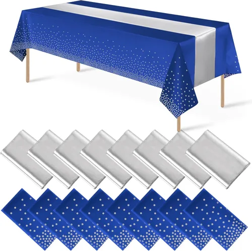 Miniatura 10 de 16 paquetes de manteles de plástico desechables y juego de camino de mesa de satén negro dorado con puntos dorados para graduación, boda