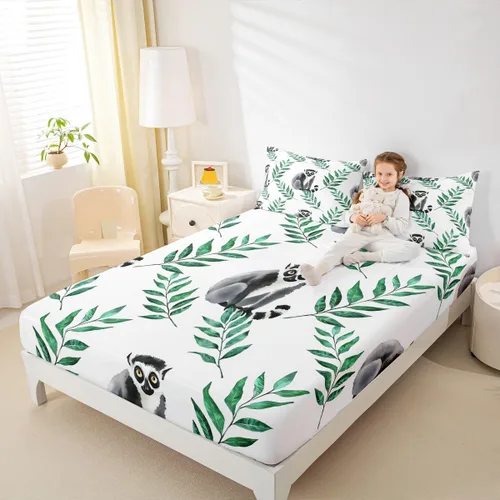 Miniatura 4 de Madagascar - Sábana bajera ajustable tamaño individual, bonito juego de ropa de cama con patrón de lémur, tamaño individual para niños, niñas