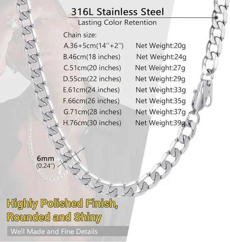 Miniatura 4 de PROSTEEL 316L Stainless Steel Cuban Chain Necklaces for Men Women, Black18K Gold Plated, Hypoallergenic Jewelry, 4mm-13mm, 14"-30", Come with Box