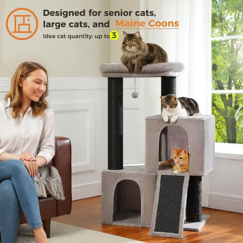 Miniatura 3 de MUTTROS Árbol de Servicio Pesado para Gatos de Interior Adultos, Torre para Gatos de 45 Pulgadas con Rampa Rascadora de Sisal, 2 Condominios