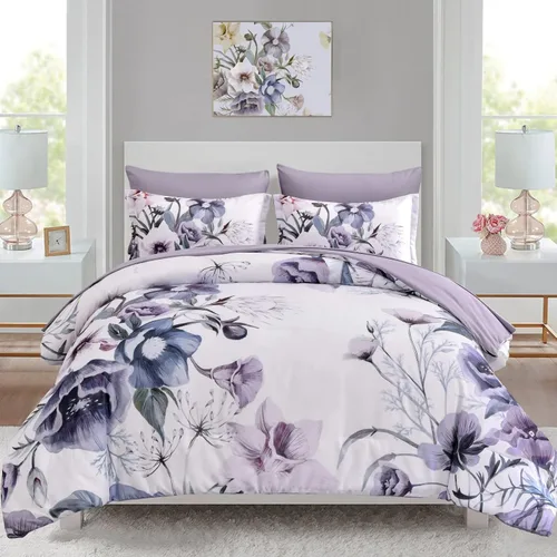 Miniatura 8 de Luxudecor Juego de edredón floral tamaño King de 7 piezas, cama de flores azul marino en una bolsa, elegante edredón floral con juego de sábanas