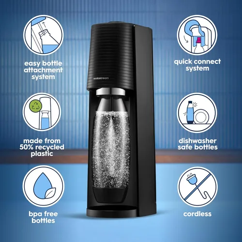 Miniatura 3 de SodaStream - Terra Fabricante de Agua con Gas PAQUETE DE VALOR Sistema de CO2 CQC Incluye 2 cilindros de CO2, 3 botellas aptas para Negro
