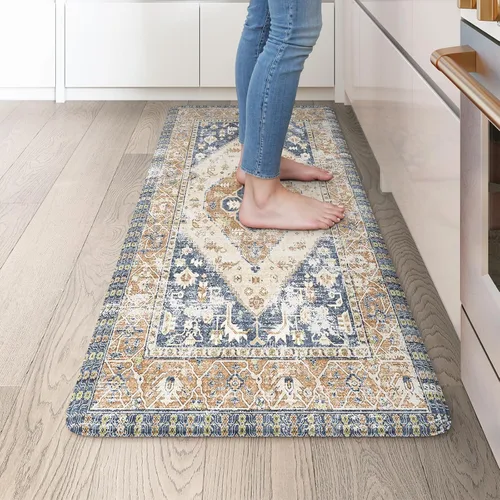 Miniatura 41 de KIMODE - Juego de 2 tapetes de cocina bohemios, antifatiga, antideslizantes, impermeables, ergonómicos, acolchados, cómodos, para lavandería, Caqui