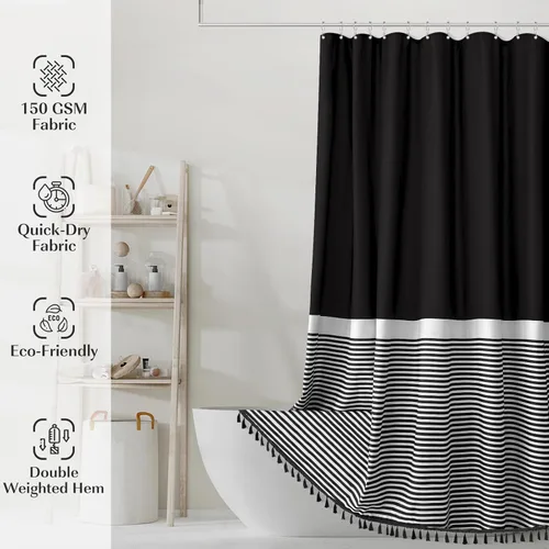 Miniatura 2 de Cortina de regadera negra de Seasonwood con rayas blancas y borlas negras, cortina de baño de poliéster decorativa para spa y hotel, cortinas