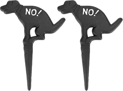 JUXYES Paquete de 2 estacas de hierro fundido para el patio de No Pooping Yard, No Dog Allowed Poop Spike Guías de Manguera de Jardín Estaca Negro