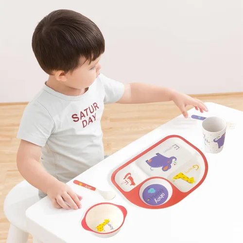 Miniatura 5 de Set de alimentación para niños 5 piezas, juego de vajilla para niños pequeños incluye plato, tazón, taza, tenedor y cuchara, juego de cubiertos