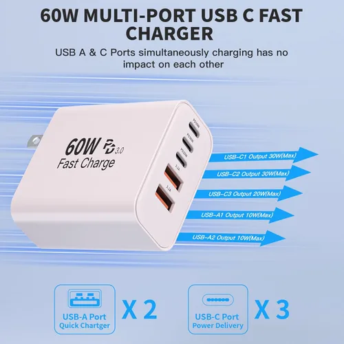 Miniatura 3 de 60W iPhone 17 16 Type C Wall Charger Block,2 Pack Apple Multi Fast Charging Blocks for iPhone,QC&Power Adapter for iPhone 17/17 Air/16e/16Pro