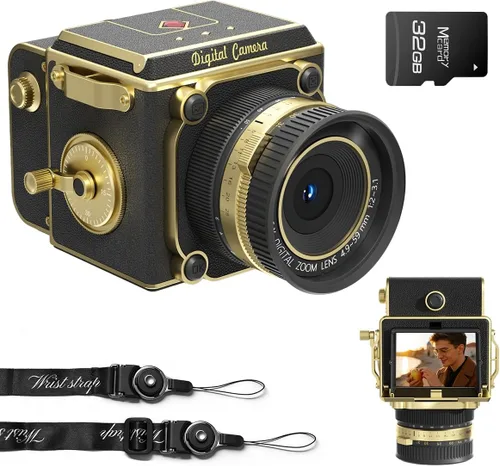 Cámara digital vintage – Retro portátil apuntar y disparar cámara de diseño decorativo – Cámara compacta de enfoque automático pequeña 2.7K Video