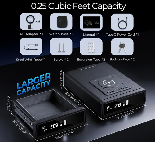 Miniatura 8 de ORARAER Caja fuerte biométrica con carga inalámbrica, 3 métodos de acceso para desbloquear, cajón de mesita de noche, pantalla LED segura