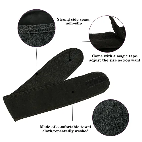 Miniatura 3 de Diademas faciales de spa, 4 piezas, maquillaje, ducha, baño, diadema deportiva, toalla elástica de tela de rizo con cinta mágica (negro)